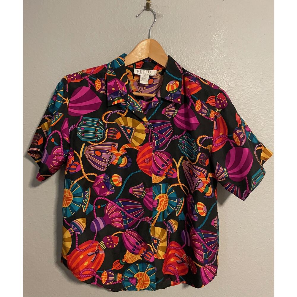 Vintage Petite Sophisticate Button Up Womens Petite Small Multicolor Silk Artsy